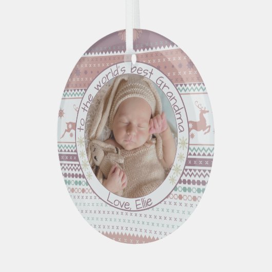 世界のおばあ最高のちゃん北欧トナカイベビー写真 ガラスオーナメント (正面左)
