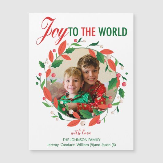 世界のクリスマスへの喜びリースフォトマグネット (正面)
