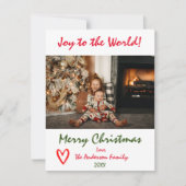 世界のクリスマスツリー家族の写真カードへの喜び シーズンカード (正面)