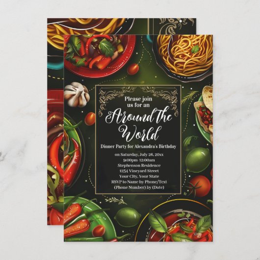 世界のグルメツアー ディナー パーティー フード テイスティング ツアー 招待状 (正面/裏面)