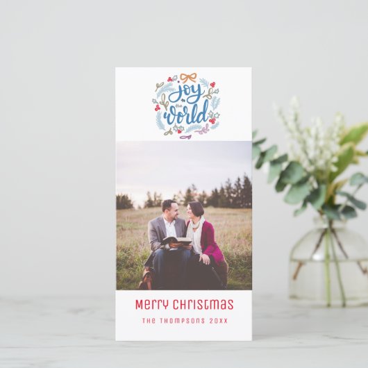 世界のスクリプトへの喜びクリスマスフォトカード シーズンカード (スタンド正面)