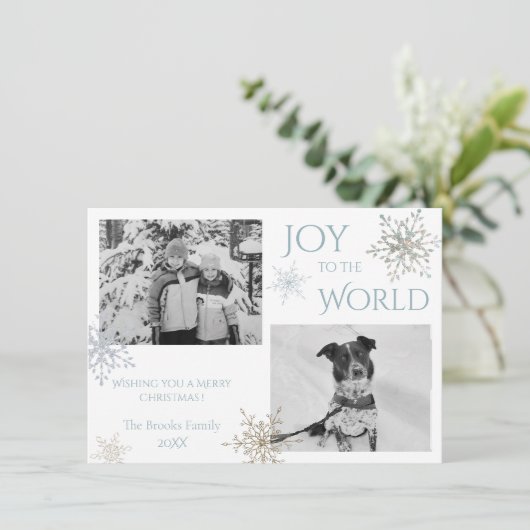 世界のスノーフレークへの喜び2枚の写真クリスマス シーズンカード (スタンド正面)