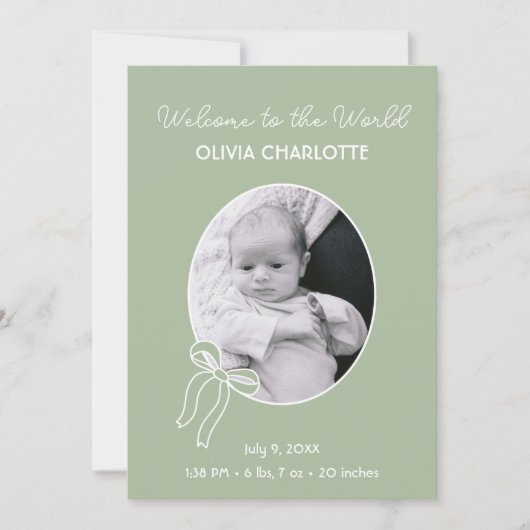 世界のセージ緑の新生児の誕生へようこそ 案内状 (正面)