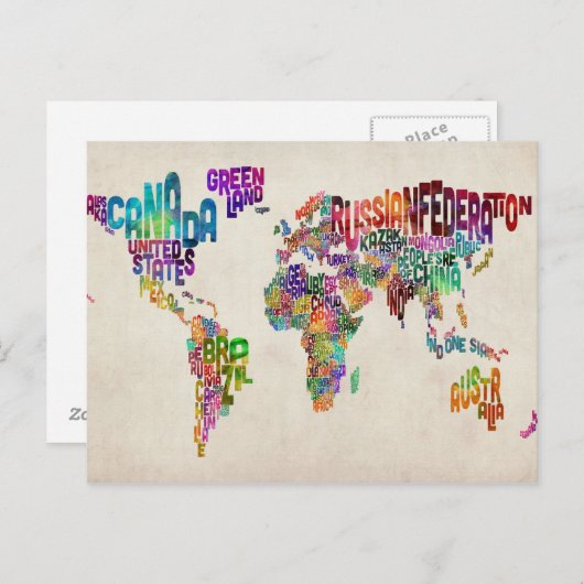 世界のテキストマップ ポストカード (正面/裏面)