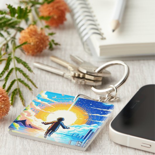 世界のバランス – 未来的なピクセルアートテック キーホルダー (正面右)