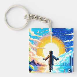 世界のバランス – 未来的なピクセルアートテック キーホルダー