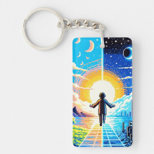 世界のバランス – 未来的なピクセルアートテック キーホルダー (正面)