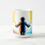 世界のバランス – 未来的なピクセルアートテック コーヒーマグカップ (中央)