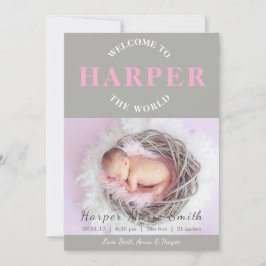 世界のピンク色の灰色の誕生のお知らせへようこそ 招待状