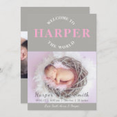 世界のピンク色の灰色の誕生のお知らせへようこそ 招待状 (正面/裏面)