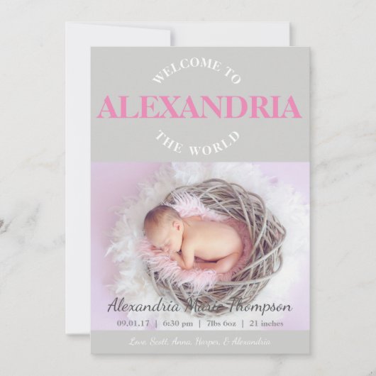世界のピンク色の灰色の誕生のお知らせへようこそ 招待状 (正面)