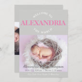 世界のピンク色の灰色の誕生のお知らせへようこそ 招待状 (正面/裏面)