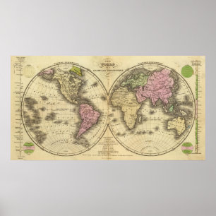世界の倍半球の地図 ポスター