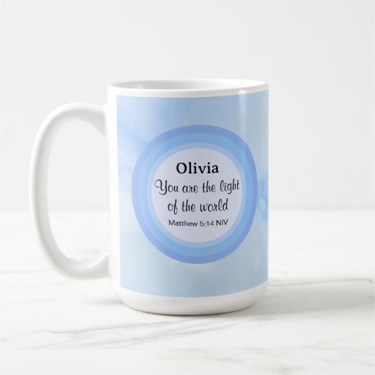世界の光の赤ちゃんブルーバイブル聖書名 コーヒーマグカップ (左)