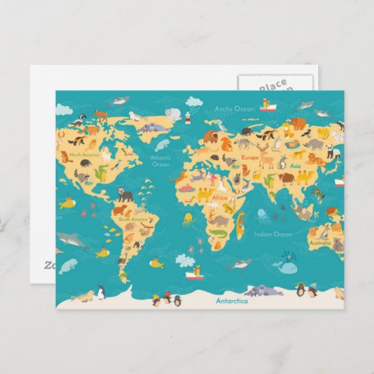 世界の動物の地図子供へ ポストカード (正面/裏面)