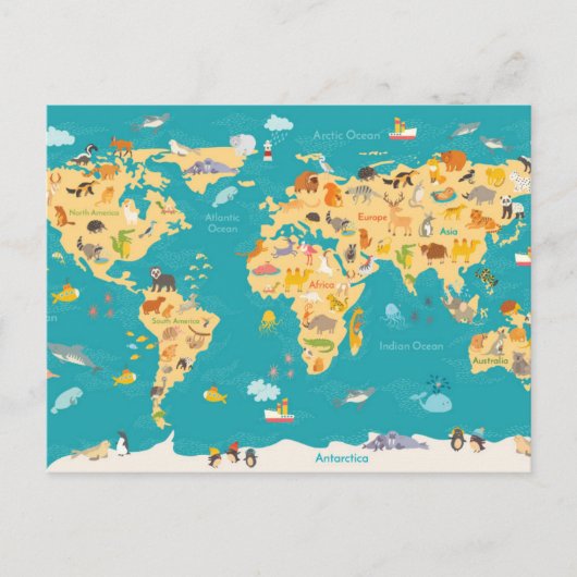世界の動物の地図子供へ ポストカード (正面)