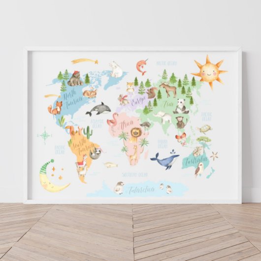 世界の動物地図 キッズプリント 動物たち ポスター