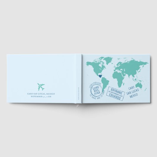 世界の地図とカスタム切手デスティネーションウェディング ゲストブック (全面)