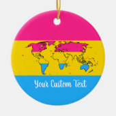 世界の地図と共に描かれたパンセクシャリティプライド国旗 セラミックオーナメント (正面)