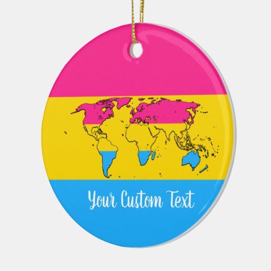 世界の地図と共に描かれたパンセクシャリティプライド国旗 セラミックオーナメント (左)