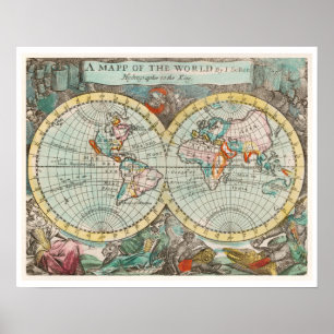 「世界の地図」1682年、ジョン・プレイフォード著 ポスター
