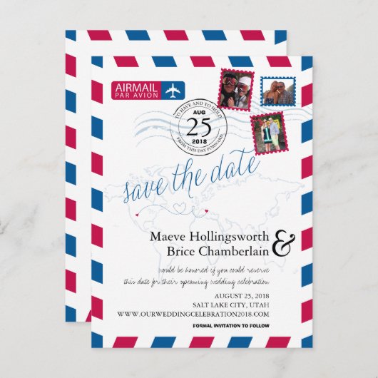 世界の場所Airmail日付を保存 案内ポストカード (正面/裏面)