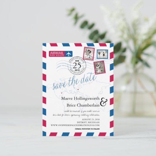 世界の場所Airmail日付を保存 案内ポストカード (スタンド正面)
