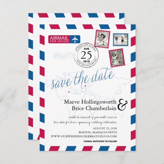 世界の場所Airmail日付を保存 案内ポストカード (正面/裏面)