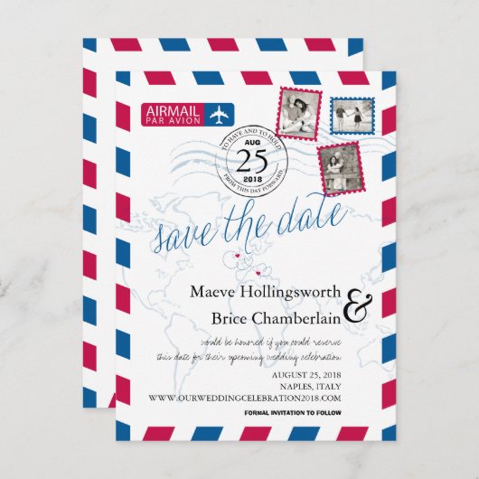 世界の場所Airmail日付を保存 案内ポストカード (正面/裏面)