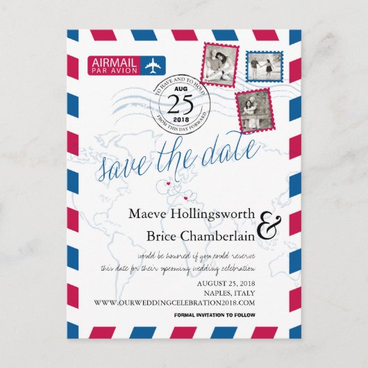 世界の場所Airmail日付を保存 案内ポストカード (正面)