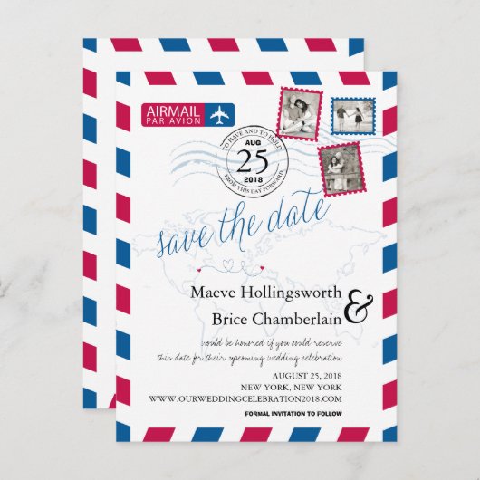 世界の場所Airmail日付を保存 案内ポストカード (正面/裏面)