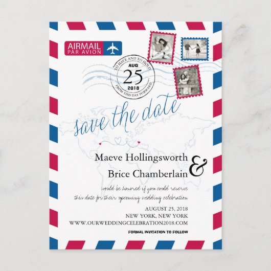 世界の場所Airmail日付を保存 案内ポストカード (正面)