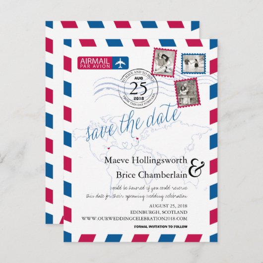 世界の場所Airmail日付を保存 案内ポストカード (正面/裏面)