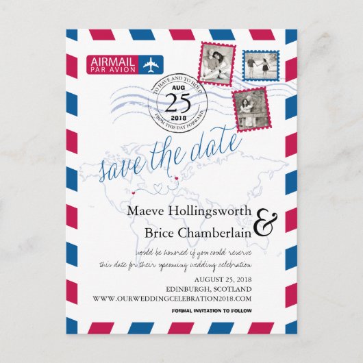 世界の場所Airmail日付を保存 案内ポストカード (正面)