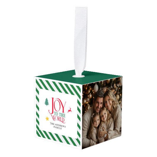 世界の家族への喜びクリスマス3写真オーナメント キューブオーナメント (正面アングル)