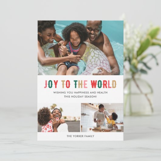 世界の家族への喜び3つの写真クリスマス シーズンカード (スタンド正面)