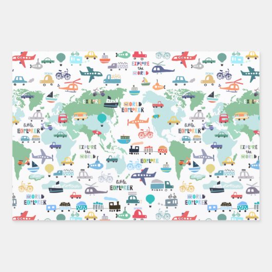 世界の小さな探検家の乗り物を旅する ラッピングペーパーシート (正面3)
