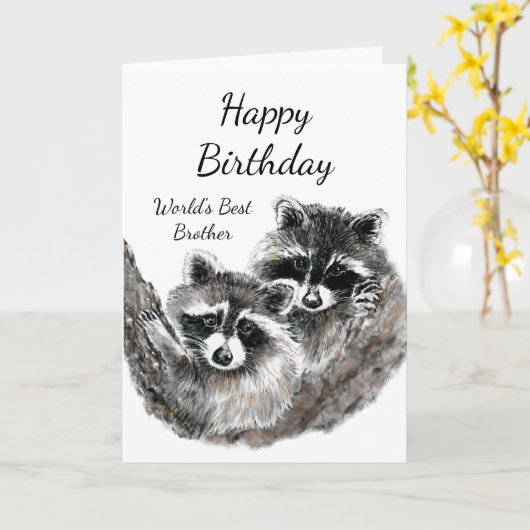 世界の弟最高の誕生日かわいいラクーン動物 カード (黄色い花)