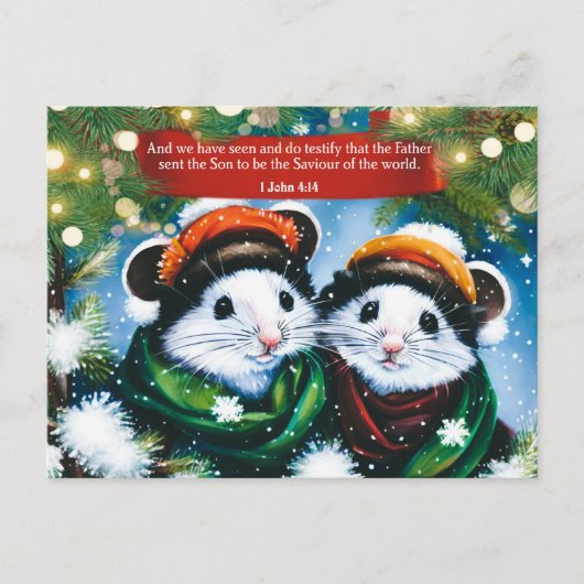 世界の救い主聖なる書物、 経典かわいいネズミアート シーズンポストカード (正面)