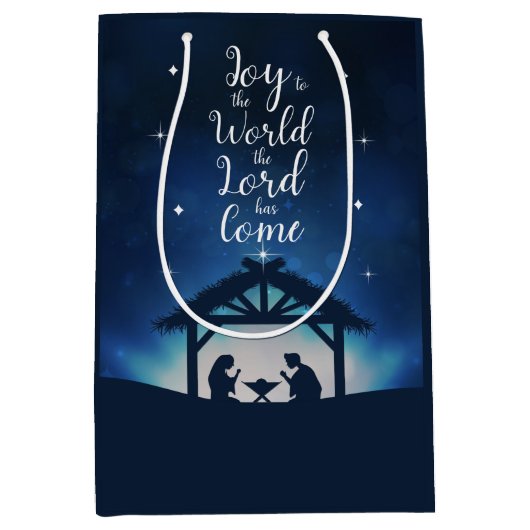 世界の星空への喜び出生シーンのクリスマス ミディアムペーパーバッグ (正面)