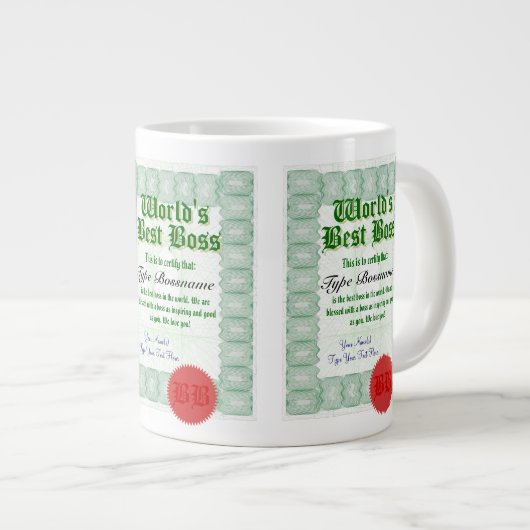 世界の最高のボス賞受賞証明書ジャンボマググ ジャンボコーヒーマグカップ (正面右)