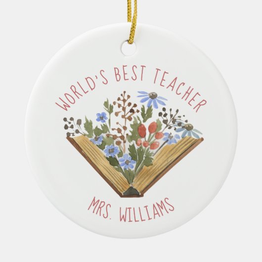 世界の最高の先生ブックフローラ セラミックオーナメント (正面)