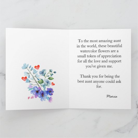 世界の最高の叔母感傷的な水色の花 カード (内部)