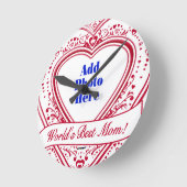 世界の最高の母さん！フォト赤いハート ラウンド壁時計 (傾斜)