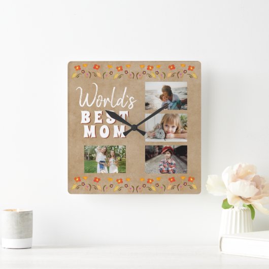 世界の最高の母花フローラ素朴写真 スクエア壁時計 (ホーム)