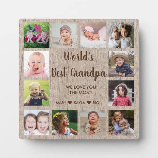 世界の最高の祖父12フォトコラージュ素朴ウッド フォトプラーク (正面)