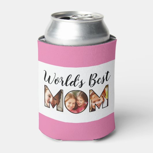 世界の母最高の引用文ピンク3フォトコラージュ 缶クーラー (缶正面)