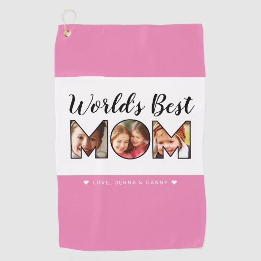 世界の母最高の引用文3フォトコラージュ名ピンク ゴルフタオル (正面)