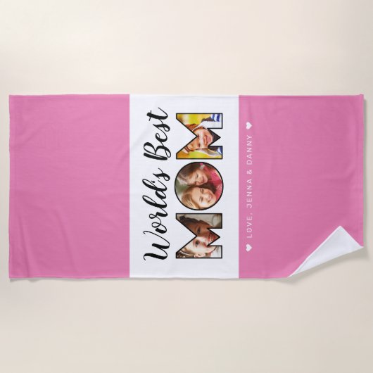 世界の母最高の引用文3フォトコラージュ名ピンク ビーチタオル (正面)