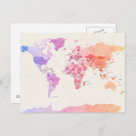 世界の水彩政治地図 ポストカード (正面/裏面)